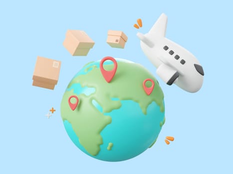 3d cartoon design illustration of Delivery airplane shipping parcel boxes with pin on globe, Global shopping and delivery service concept.