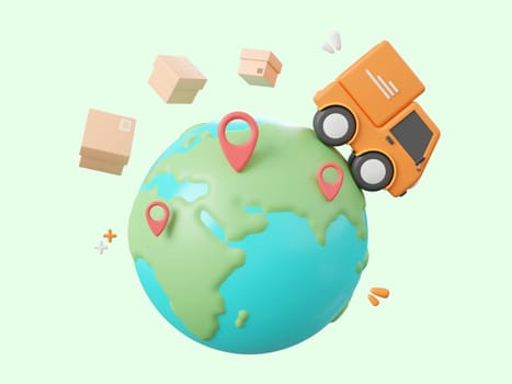 3d cartoon design illustration of Delivery truck shipping parcel boxes with pin on globe, Global shopping and delivery service concept.
