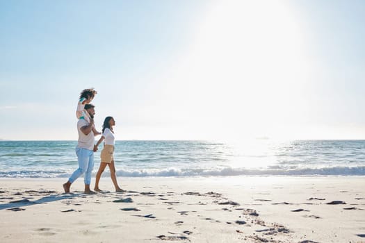 Walking, beach and family on holiday, summer and stress relief with happiness, relax and weekend break. Parents, mother and father with female kid, tropical island and seaside vacation for travelling.