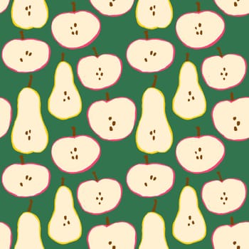 Hand drawn seamless pattern with apples pears fruits on green background painted in simple minimalist shape design for food labels packaging, kitchen textile wallpaper. yellow red colors illustration