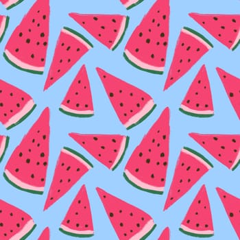 Hand drawn seamless pattern with watermelon fruit on blue, red green tropical food, bright summer holiday background. Juicy frech natural plant design with geometric elements.