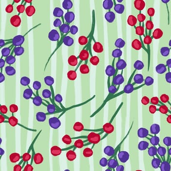 Hand drawn seamless pattern with red black currants berries on green stripes background. Summer berry food on striped pastel print, tasty garden design for kitchen cottagecore fabric wrapping paper textile