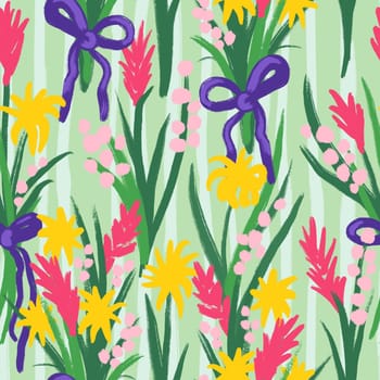 Hand drawn seamless pattern with bright colorful wild flowers bouquet with purple ribbon. Summer nature meadow print, botanical bloom blossom on green background