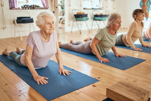 Yoga, stretching and senior women at a wellness, rehabilitation and retirement spa community for exercise, fitness and health. Workout, pilates and healthy elderly people, friends or group on floor.