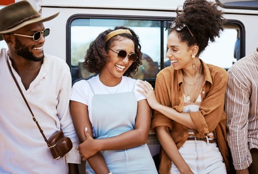 Travel, friends and car road trip, holiday or summer vacation adventure spending outdoors time together. Smile, happy and black people laughing, bonding or having fun enjoying conversation or talk