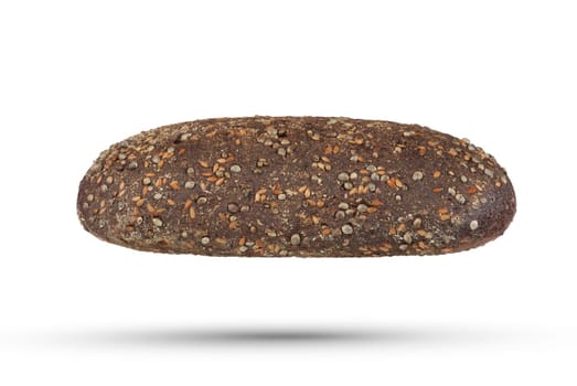 Loaf of black bread on a white isolated background. Loaf of black fresh bread with cannabis seeds. The concept of a juicy and tasty breakfast.