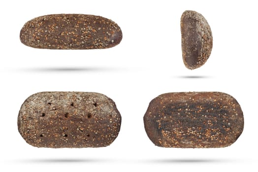 Set of black loaves of bread on a white isolated background. Loaves of black fresh bread with cannabis seeds. Top view, bottom view and side view