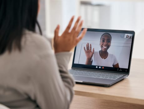 Women, video call wave and laptop with friends talking and being social online. Female, friendship and video conference or webinar for bonding and talking online for voip communication at home.