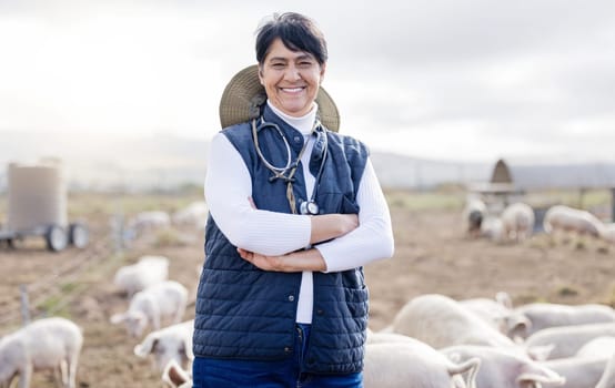 Veterinarian portrait, pig or happy woman with animals to check livestock wellness or agriculture on farm. Smile, face or senior person working to protect pigs healthcare for barn or sustainability.