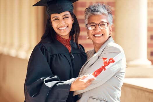 Graduation, student and happy mother portrait of women from India at a graduate ceremony event. College diploma, school celebration and university education certificate of a woman with an achievement.