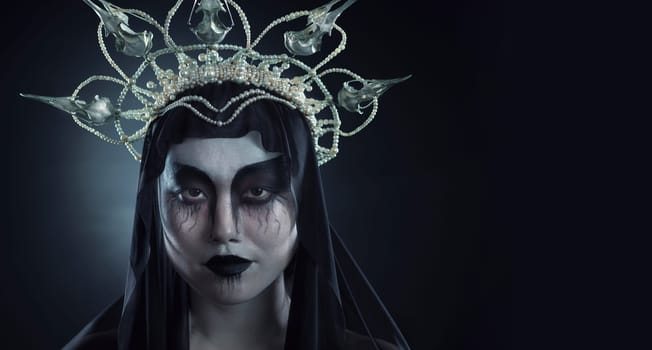 Halloween makeup, woman costume and portrait of grunge Korean cosmetics with grunge royalty aesthetic. Cosplay, goth fashion and Asian model with creative cosmetics and crown in studio with mockup.