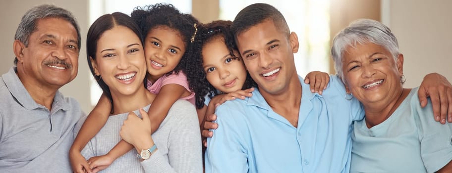 Happy big family, portrait smile and face of men, women with children in happiness at home. Mother, father and kids with grandparents smiling and relaxing together for fun, break or holiday indoors.