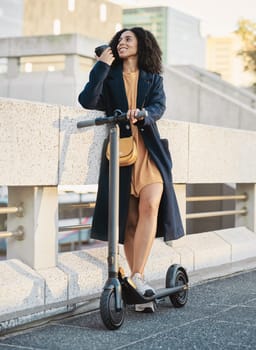 Happy black woman, scooter and city transport with coffee, smile and outdoor in urban, street or metro. Electric vehicle, transportation or sustainable travel, adventure and carbon neutral travel.