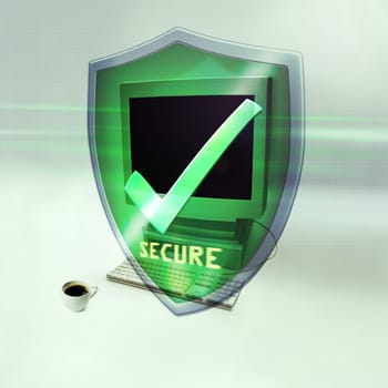Shield, computer and check for cybersecurity, safe data or information on web by studio background. Pc, cyber security and programming with 3d holographic logo for malware, tech and virus protection.