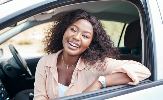 Black woman, car and smile of a relax person from Jamaica on a road trip with motor transport. Portrait of a happy and relax female in a vehicle enjoying a summer day with transportation travel.