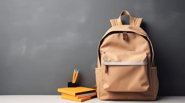 Beige backpack with school supplies on wooden table empty copy space background.