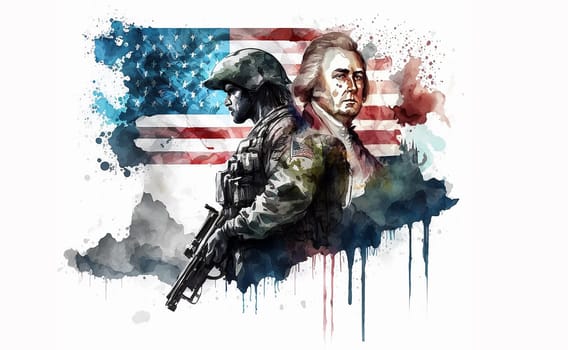 on a white background, a watercolor drawing of an American soldier, American figures who signed the declaration of independence and eagles on the background of flag. AI-generated Digital Art