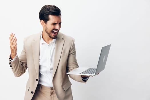 stylish man typing laptop shirt person entrepreneur thoughtful internet model cyberspace male business technology suit isolated freelancer job cheerful copyspace computer