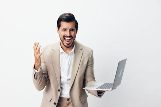 man laptop corporate suit internet beard network computer thoughtful office using beige wireless cheerful freelancer copyspace business job online person cyberspace