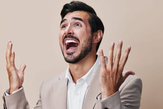 begs man space sad businessman crazy angry gesture depressed up tuxedo boss copy screaming successful work scream suit person business hand hands manager