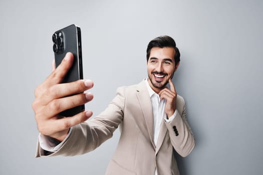 man phone businessman business happy young cell white smile guy connection call confident portrait male hold suit smartphone phone entrepreneur mobile isolated