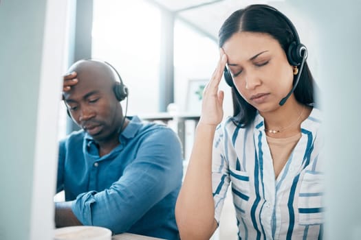 Headache, tired and call center employees with stress, burnout and anxiety from telemarketing. Mental health, sad and customer service workers frustrated with web support, communication and problem.