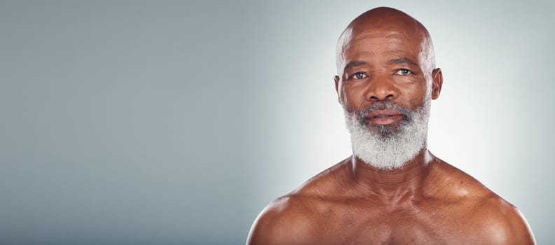 Grooming, skincare mockup and portrait of black man in studio for wellness, dermatology and healthy skin. Beauty products, advertising and face of senior male with copy space for facial treatment.