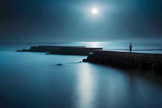 Moonlight in ocean landscape. The ocean stretches out as far as the eye can see, its surface a canvas of deep, midnight blue. AI generated image