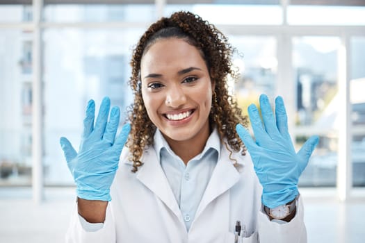 Black woman, science and research, gloves and hands, smile in portrait with safety and health science. Healthcare, doctor and investigation, forensic analysis with scientific innovation, test and PPE.
