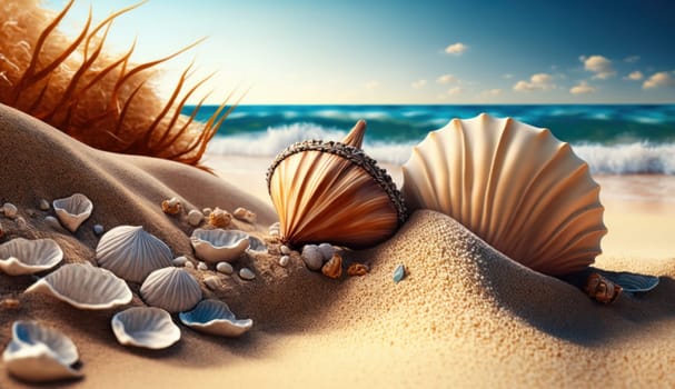 Shells on sandy beach. Generative AI