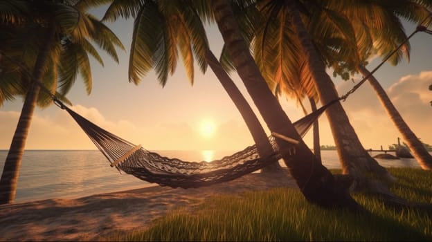 A tropical beach at sunset with a hammock under a palm tree. Generative AI