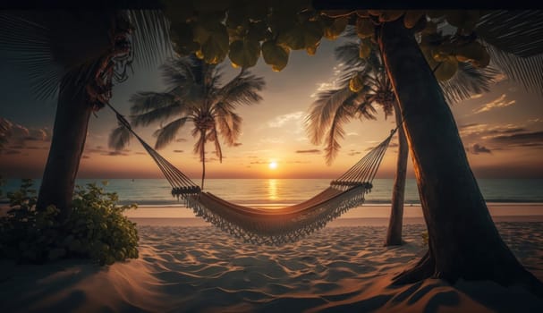 A tropical beach at sunset with a hammock under a palm tree. Generative AI