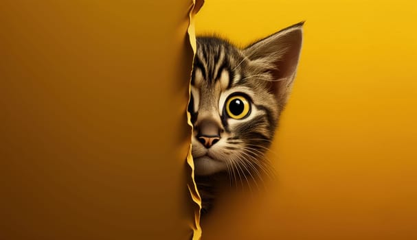 A Surprised Cat in an YellowWall Hole. Generative AI