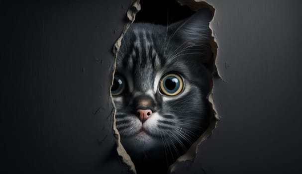A Surprised Cat in an Wall Hole. Generative AI