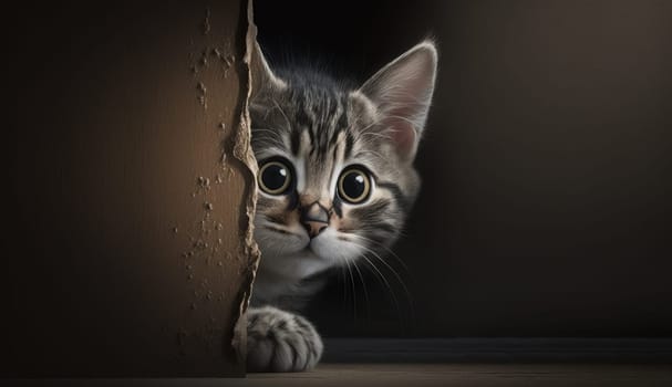 A Surprised Cat in an Wall Hole. Generative AI