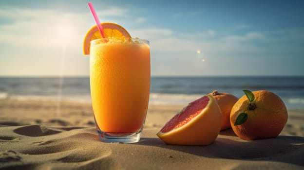Fresh Juice Cocktail on a Tropical Beach in Summer. Generative ai