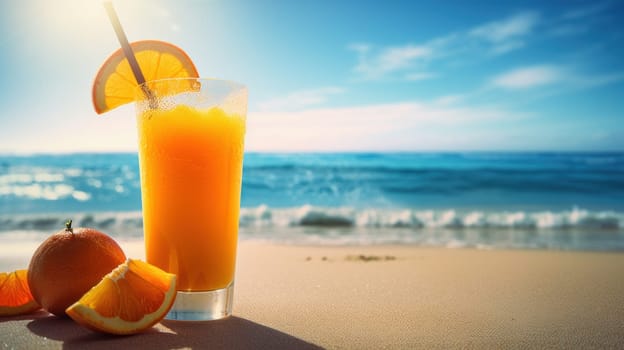 Fresh Juice Cocktail on a Tropical Beach in Summer. Generative ai