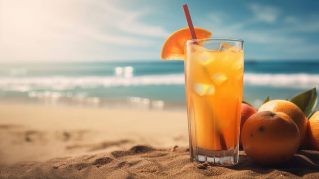 Fresh Juice Cocktail on a Tropical Beach in Summer. Generative ai
