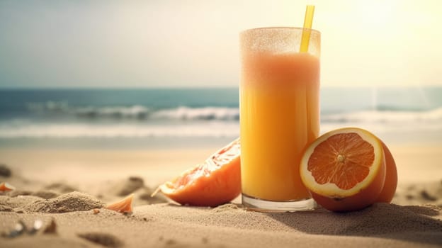 Fresh Juice Cocktail on a Tropical Beach in Summer. Generative ai