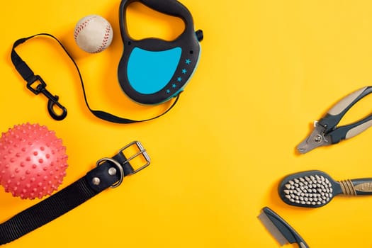 Dog accessories on yellow background. Top view. Pets and animals concept. Still life. Copy space. Flat lay