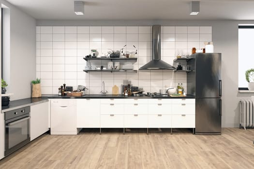 3D illustration of a modern apartment kitchen interior.