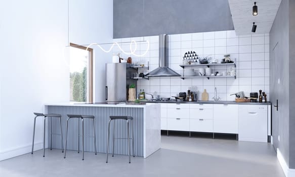 3D illustration of a black and white Scandinavian style kitchen.