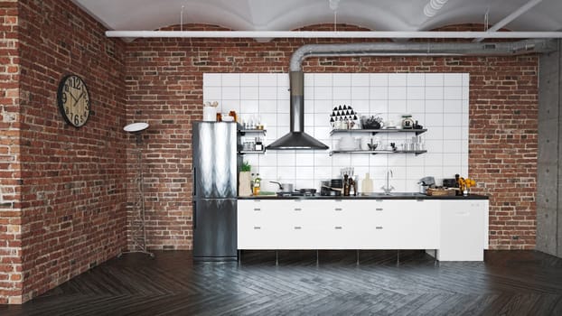 3D illustration of a modern apartment kitchen interior.