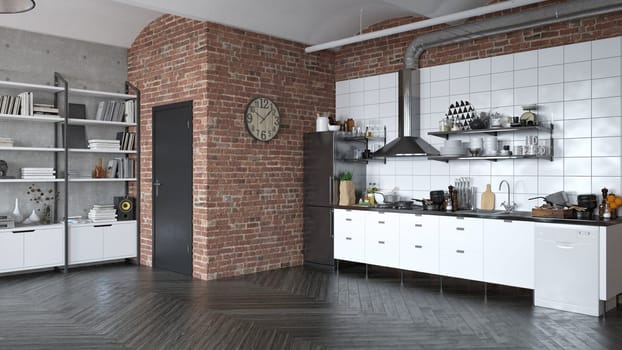 3D illustration of a modern apartment kitchen interior.