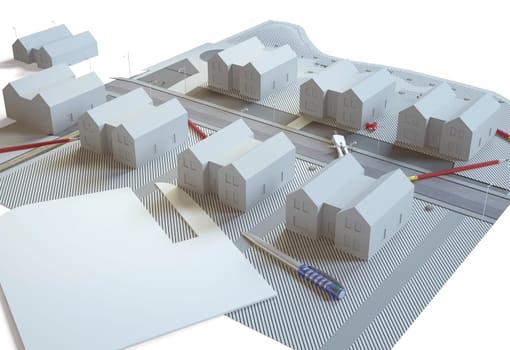 Precise paper model of a residential area with multiple houses. 3d rendering