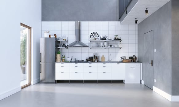 3D illustration of a black and white Scandinavian style kitchen.