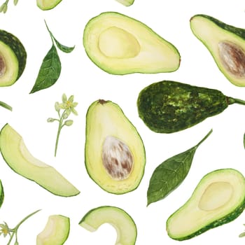 Seamless pattern of avocado with leaves and flowers watercolor hand drawn realistic illustration. Green and fresh art of salad, sauce, guacamole, smoothie ingredient. For textile, menu, cards, paper, package design