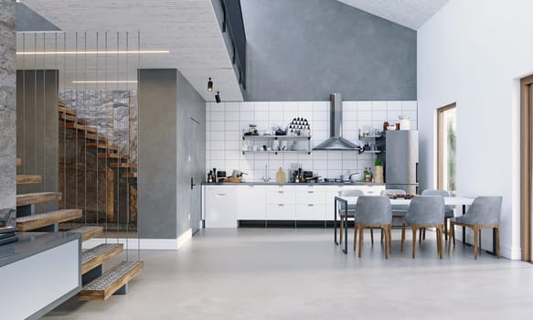 3D illustration of a black and white Scandinavian style house.