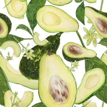 Seamless pattern of avocado with leaves and flowers watercolor hand drawn realistic illustration. Green and fresh art of salad, sauce, guacamole, smoothie ingredient. For textile, menu, cards, paper, package design