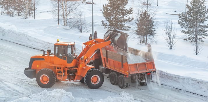 Big orange tractor cleans up snow from the road and loads it into the truck. Cleaning and cleaning of roads in the city from snow in winter. Snow removal after snowfall and blizzards.